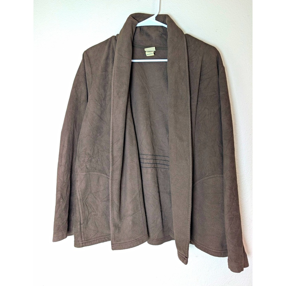LL Bean Womens Large Brown Fleece Open Front Cardigan Jacket Cozy Layering